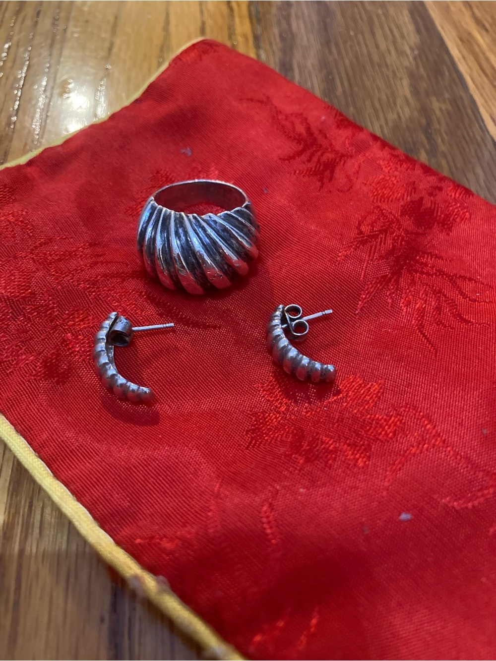 Sterling Silver Ribbed Dome Ring and Curved Huggie Earrings - Silver